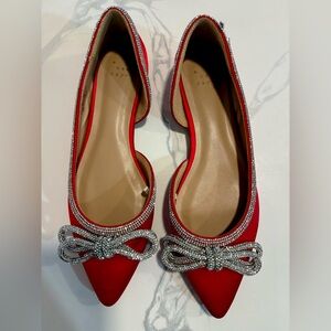 A New Day red Satin Flats with Silver Bow and Silver Trim. Never Worn